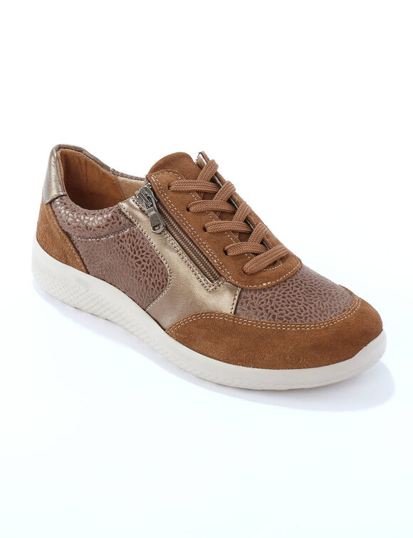 Baskets lacées et zippées en cuir avec empiècements extensibles (taupe) Baskets lacées et zippées en cuir avec empiècements extensibles (taupe)